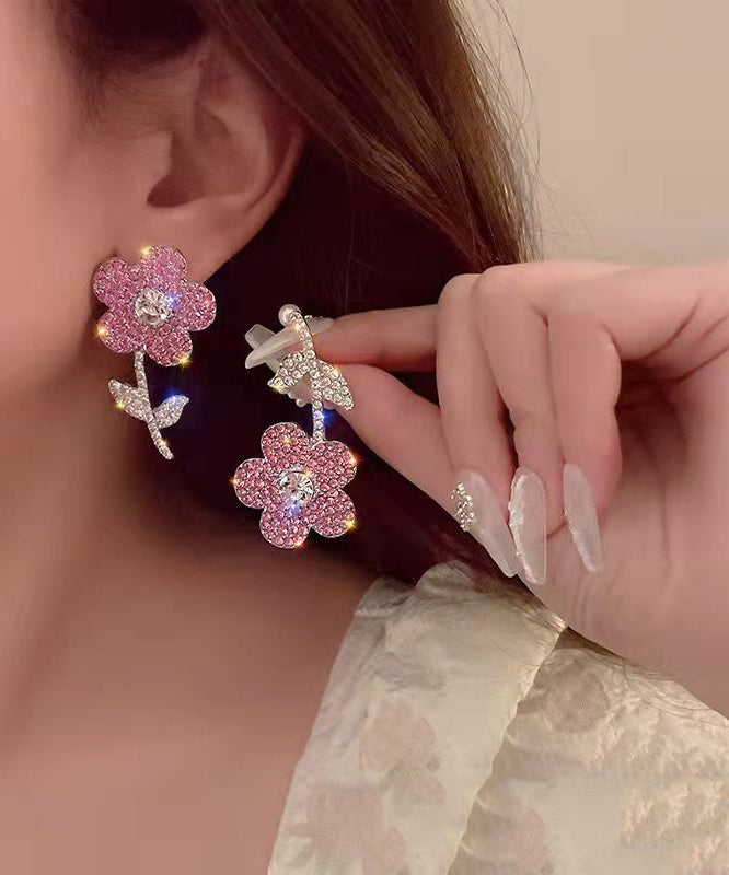 peopleterritory New Fashionable Pink Organza Flower Crystal Tassel Earrings GH1068