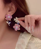 peopleterritory New Fashionable Pink Organza Flower Crystal Tassel Earrings GH1068