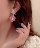 peopleterritory New Fashionable Pink Organza Flower Crystal Tassel Earrings GH1068