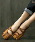 peopleterritory New Khaki Buckle Strap Cowhide Leather Flats Shoes RT1050