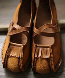 peopleterritory New Khaki Buckle Strap Cowhide Leather Flats Shoes RT1050