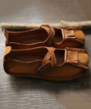 peopleterritory New Khaki Buckle Strap Cowhide Leather Flats Shoes RT1050