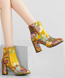 peopleterritory New Yellow Embroidered Zippered Cotton Chunky Ankle Boots RT1061