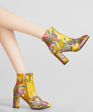 peopleterritory New Yellow Embroidered Zippered Cotton Chunky Ankle Boots RT1061