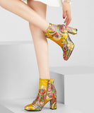 peopleterritory New Yellow Embroidered Zippered Cotton Chunky Ankle Boots RT1061