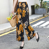 peopleterritory Middle-Aged and Elderly Women's Pants Summer New Slub Cotton Wide-Leg Pants Cropped Pants Ethnic Style Western Style Floral plus Size Culottes Dance