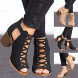 peopleterritory  Spring and Summer New plus Size Women's Peep Toe Chunky Heel High Heels Mesh Buckle Back Zipper Women's Sandals