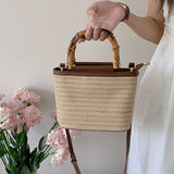 peopleterritory Advanced Texture Small Bag Women's Summer  New Niche Messenger Bag Woven Women's Portable Straw Bucket Bag