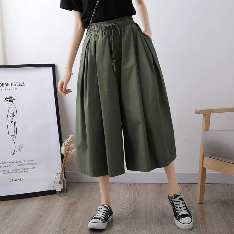 peopleterritory Spring, Summer and Autumn New plus Size Wide Leg Culottes Female Student Korean Style Loose High Waist Ankle Culotte Casual Pants Female