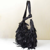 peopleterritory Cross-Border New Arrival Genuine Leather Women's Soft Casual Black Striped Tassel Special Hobo Bag Shoulder Bag Sheepskin Women's Bag