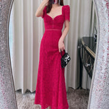 Summer Women's  Niche Slim Fit Waist Temperament Sexy Slimming Red Lace Dress Long Dress Evening Dress