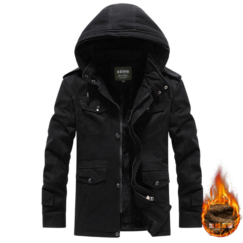 New Hooded Detachable High-Grade Mid-Length Fleece-lined Thickened Men's Jacket Coat Fashion Brand Spring and Winter