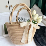 peopleterritory Handbag Women's Straw Basket Handmade Bag Holiday Picnic Spring Outing Photo Beach Bag One-Shoulder Knitted Small Bag