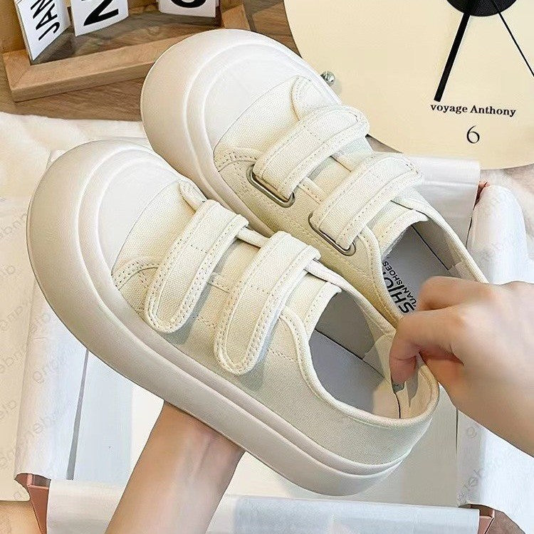 peopleterritory Platform White Shoes Women's  Spring New Velcro White Canvas Shoes Ugly and Cute Big Head Shoes Biscuit Bottom Pumps