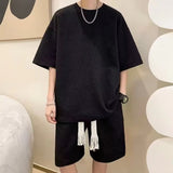 Japanese Style Waffle plus Size Suit Youth Summer Casual Sports Shorts Short Sleeve T-shirt Men's Fashion Brand Two-Piece Set