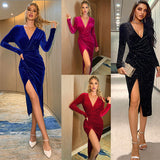 2024 Europe and America Cross Border Hot Trade New Evening Dress Sexy Leg Exposed Long Sleeve Mid-Length Dress Gold Velvet Nightclub Dress