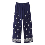 peopleterritory Wholesale Spring New Women's Clothing HOTan and NEWn All-Matching Geometric Embroidery Wide-Leg Straight Trousers Casual Pants