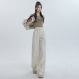 peopleterritory NEWn Wide Leg Ankle Banded Working Pants Women's Summer New High Waist Drooping Sports Casual Pants Pleated Baggy Straight Trousers