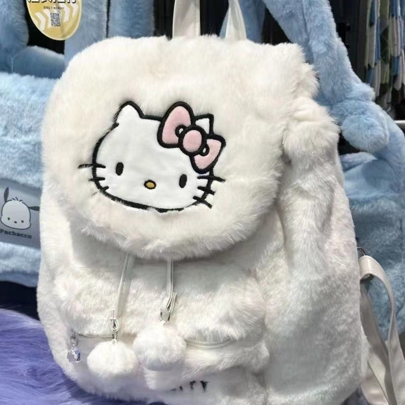 Backpack Cute Plush Flip New Winter Sweet Backpack Hello Kitty Melody Clow M Backpack Large Capacity Schoolbag