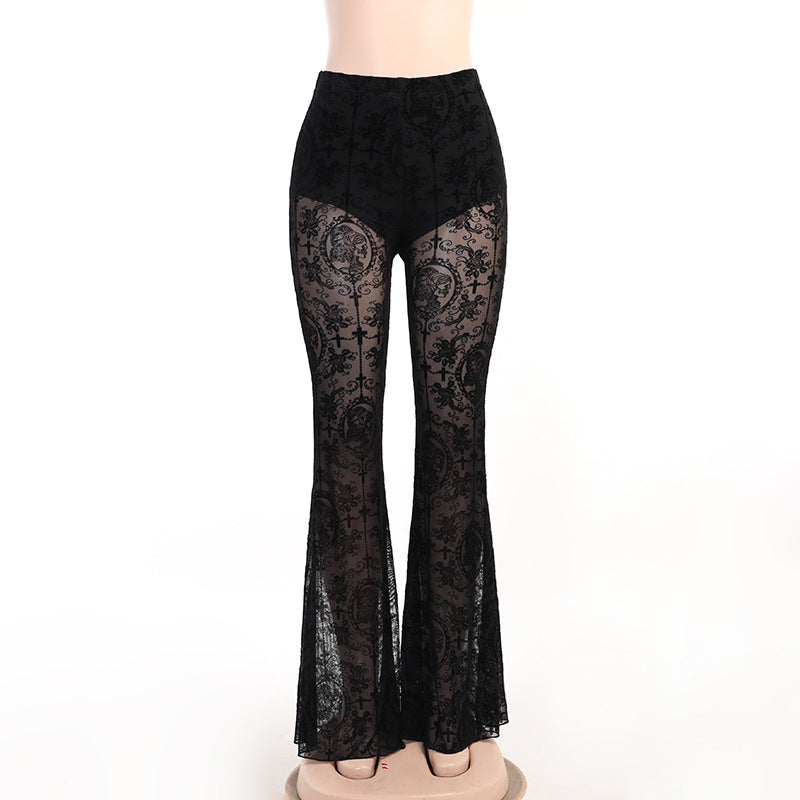 peopleterritory Jy22162  Women's Trousers  Summer New Lace See-through Sexy High Waist Slim Fit Bell-Bottom Pants