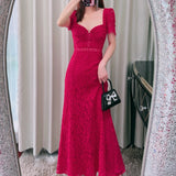 Summer Women's  Niche Slim Fit Waist Temperament Sexy Slimming Red Lace Dress Long Dress Evening Dress