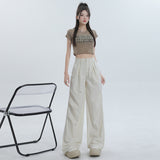 peopleterritory NEWn Wide Leg Ankle Banded Working Pants Women's Summer New High Waist Drooping Sports Casual Pants Pleated Baggy Straight Trousers