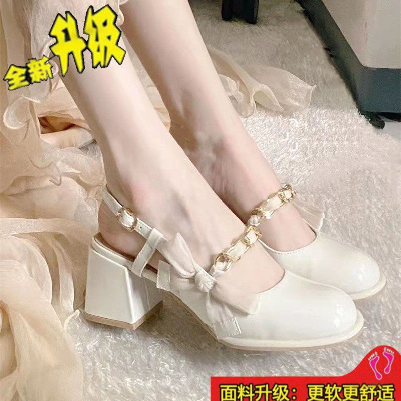 peopleterritory  Closed Toe Sandals Women's Design Niche Chain Bow High Heels Summer  New Fairy Mary Jane Women's Shoes