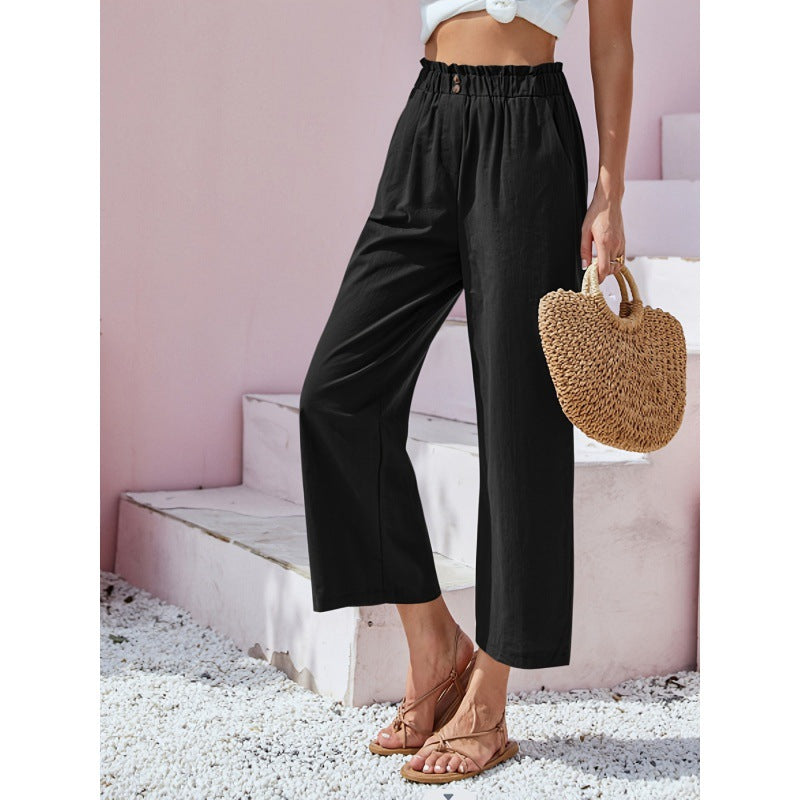 New  Cross Border Women's Pants High Waist Lotus Leaf Elastic Waist Simply Cotton and Linen Cropped Pants Casual Pants