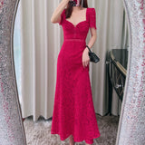 Summer Women's  Niche Slim Fit Waist Temperament Sexy Slimming Red Lace Dress Long Dress Evening Dress