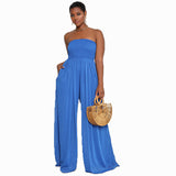 peopleterritory HOTan and NEWn Women's Clothing Blue Wide Leg Leisure Chiffon High Waist Jumpsuit Pants Women's Jumpsuit Summer Jumpsuit