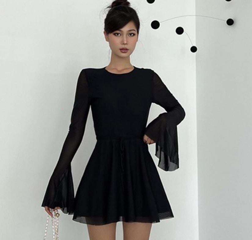 Spring and Summer Hot-Selling Mesh Black Dress Women's Elegant Horn Long Sleeve Sexy Dress   in Stock Fashion