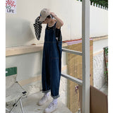 peopleterritory Denim Suspender Pants Female Hong Kong Style New Design Sense Student Loose Jumpsuit Small Age-Reducing Wide Leg Pants Female