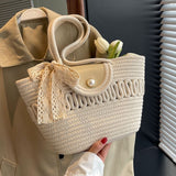 peopleterritory Handbag Women's Straw Basket Handmade Bag Holiday Picnic Spring Outing Photo Beach Bag One-Shoulder Knitted Small Bag