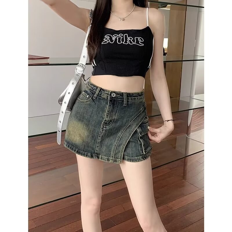 peopleterritory NEWn Retro Jeans Half-Length Women's Clothing Small Irregular Hot Girl A- line Skirt Spring and Summer New Short Culottes