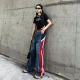 peopleterritory Retro Hong Kong Style Street Color Contrast Patchwork Loose Jeans Women's Summer New High Waist Flanging Design All-Matching Trousers