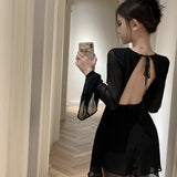 Spring and Summer Hot-Selling Mesh Black Dress Women's Elegant Horn Long Sleeve Sexy Dress   in Stock Fashion