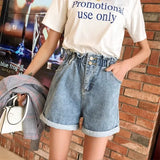 peopleterritory Elastic Waist Denim Shorts Women's Summer Thin High Waist A- line Wide Leg Pants Small Bud-Shaped Pants Curling Hot Pants Fashion