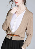 peopleterritory Organic Apricot V Neck Button Fake Two Pieces Woolen Tops Long Sleeve LY0089