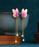 peopleterritory Original Design Gradient Color Ancient Gold Pearl Butterfly Tassel Earrings GH1082