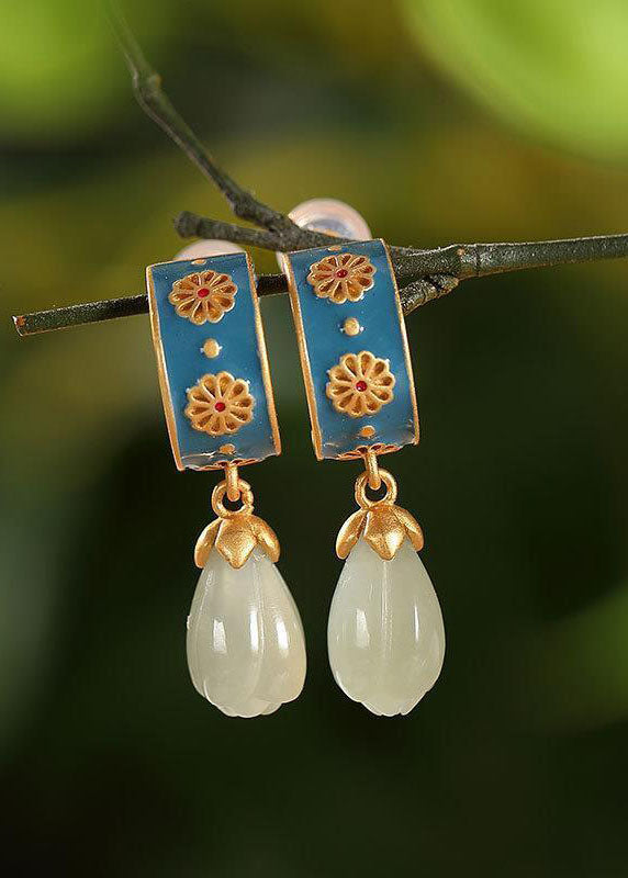 peopleterritory Original Design Jade Cloisonne Silver Drop Earrings HE1027