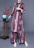 peopleterritory Plus Size Brown Peter Pan Collar Tie Dye Silk Long Shirt And Straight Pants Two Pieces Set Spring