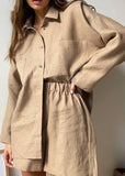 peopleterritory Plus Size Khaki Peter Pan Collar Shirt And Shorts Two Piece Set Spring LY1942