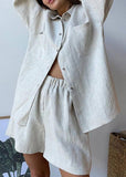 peopleterritory Plus Size Khaki Peter Pan Collar Shirt And Shorts Two Piece Set Spring LY1942