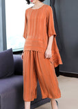 peopleterritory Plus Size Orange O-Neck Patchwork Silk Two Piece Set Women Clothing Summer TF1055