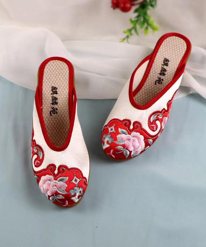 peopleterritory Red Chunky Cotton Fabric Boho Embroidery Slide Sandals CZ1041