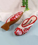 peopleterritory Red Chunky Cotton Fabric Boho Embroidery Slide Sandals CZ1041