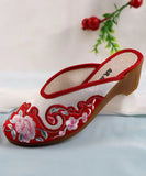 peopleterritory Red Chunky Cotton Fabric Boho Embroidery Slide Sandals CZ1041