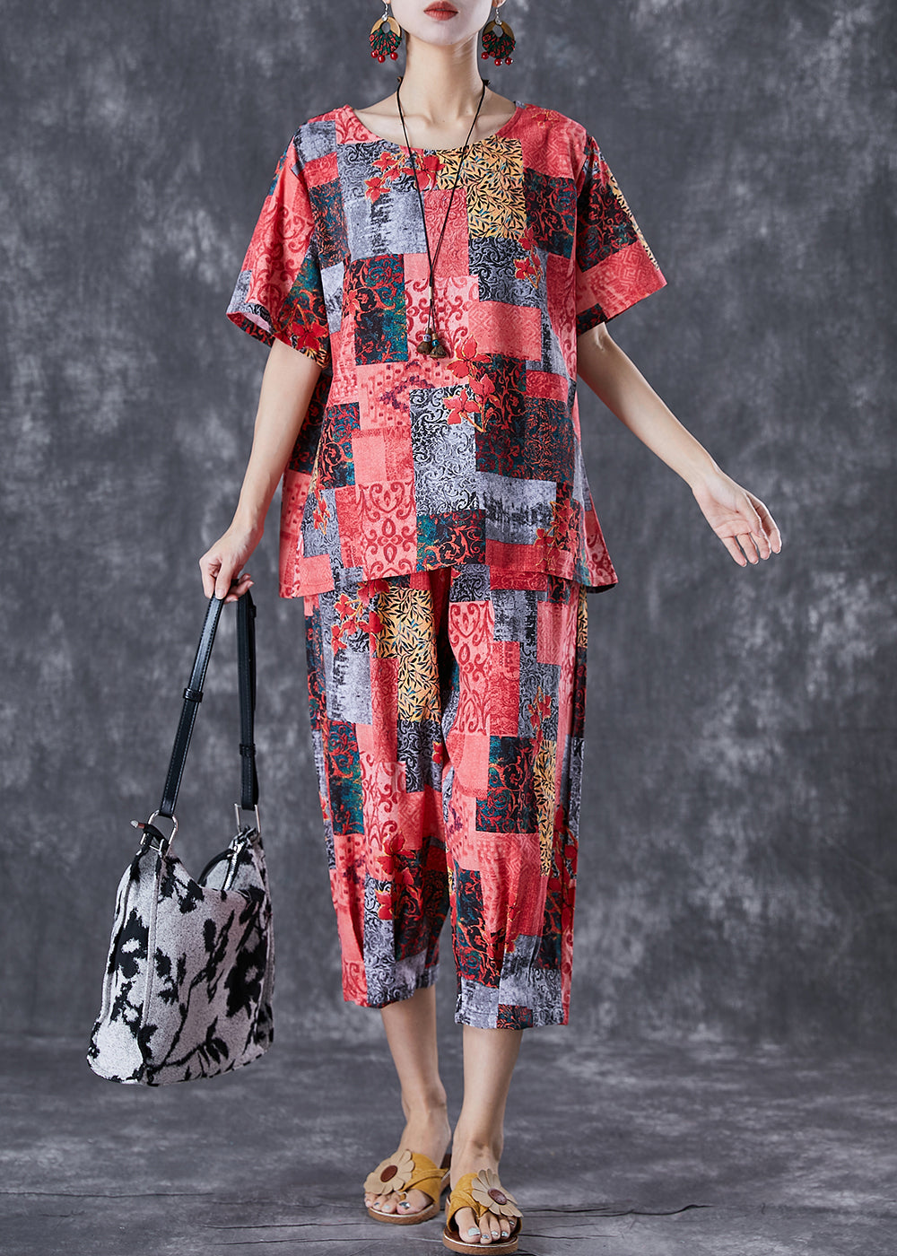 peopleterritory Red Print Linen Two Pieces Set Oversized Summer TD1013