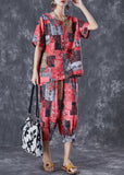 peopleterritory Red Print Linen Two Pieces Set Oversized Summer TD1013