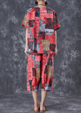 peopleterritory Red Print Linen Two Pieces Set Oversized Summer TD1013